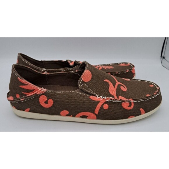 Olukai Nohea Canvas Print Tropical Slip on Loafer Brown Pink Women's Size 7 - Picture 5 of 15